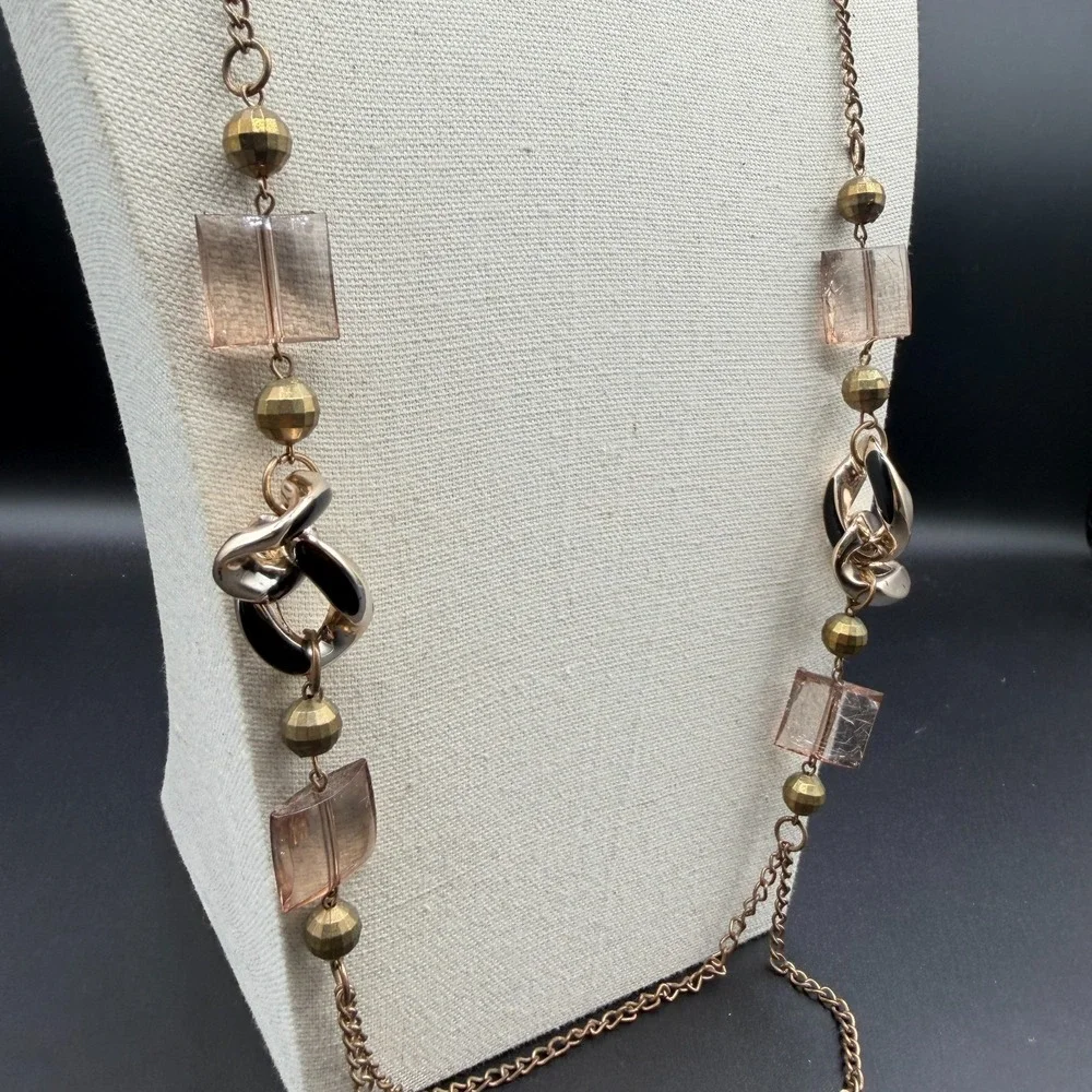 Gold Tone Long Chain Necklace Pink Lucite Beads Black Enamel Links Layered Boho